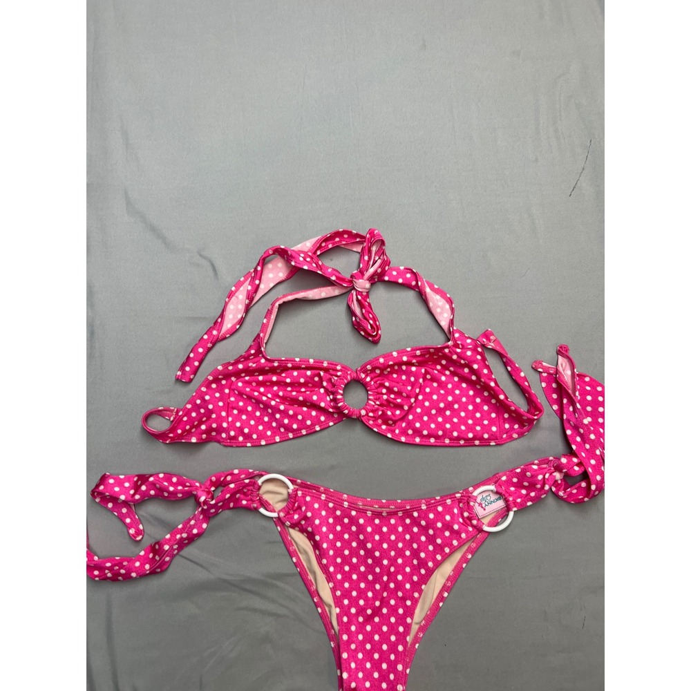 Skinny Dip Pink Polka Dot Halter Bikini Set O-Ring Side Tie Swimsuit Women M